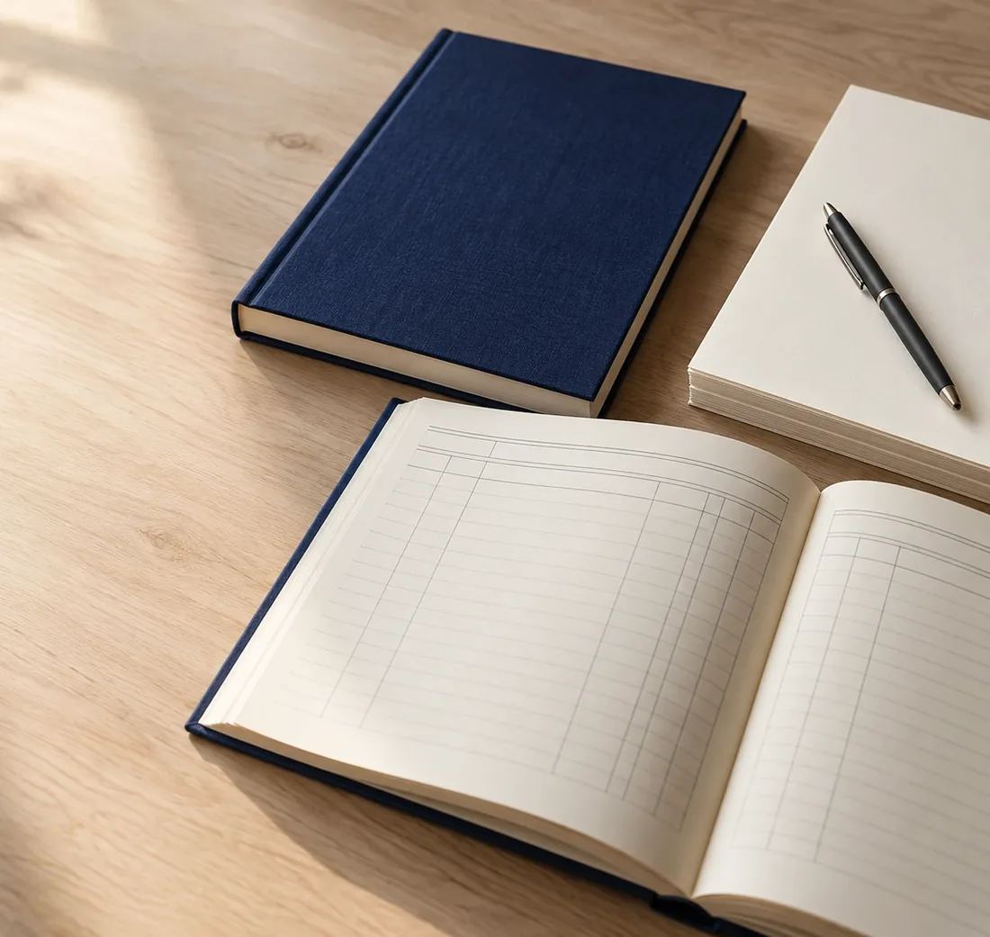 Donkerblauw gebonden grootboek, een opengeslagen kasboek met lege kolommen en een pen op een lichte houten tafel